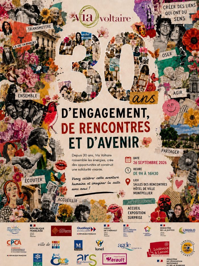 Affiche des 30 ans de Via Voltaire : collage photo d'engagement, de rencontres et d'avenir